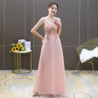 Polyester Plus Size Long Evening Dress deep V patchwork pink PC