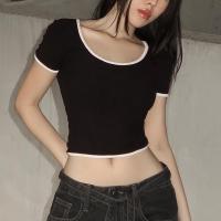 Polyester Women Short Sleeve T-Shirts midriff-baring & backless patchwork Solid white and black PC