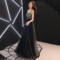 Polyester Plus Size Long Evening Dress backless patchwork Solid black PC