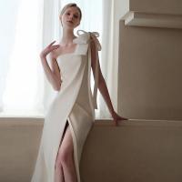 Polyester Waist-controlled & Slim & front slit Long Evening Dress backless & off shoulder & One Shoulder patchwork Solid white PC