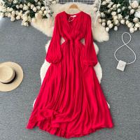 Polyester Waist-controlled & Pleated One-piece Dress deep V Solid red PC