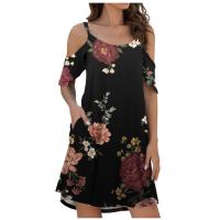 Polyester One-piece Dress & off shoulder & loose printed PC