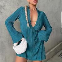 Polyester Women Long Cardigan deep V & loose patchwork Solid deep green PC