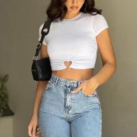 Polyester Crop Top Women Short Sleeve T-Shirts & hollow patchwork Solid white PC