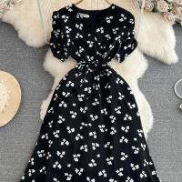 Polyester Waist-controlled & Slim One-piece Dress printed shivering black PC