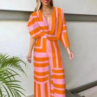 Polyester Long Jumpsuit slimming & deep V printed PC