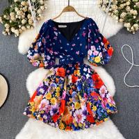 Polyester Waist-controlled & Slim One-piece Dress printed floral PC