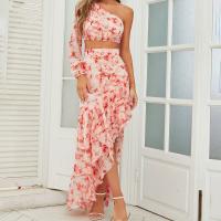 Polyester Two-Piece Dress Set irregular & two piece & One Shoulder printed shivering pink Set