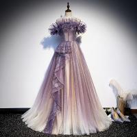 Sequin & Polyester Waist-controlled & floor-length Long Evening Dress & off shoulder Solid purple PC