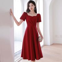 Polyester Waist-controlled Short Evening Dress & mid-calf & with beading Solid red PC