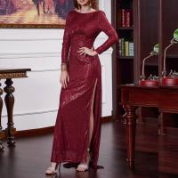 Spandex & Polyester Long Evening Dress side slit Sequin Solid wine red PC