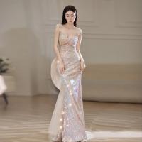 Polyester Mermaid Long Evening Dress patchwork Solid champagne PC