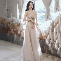 Polyester Waist-controlled Long Evening Dress patchwork Solid champagne PC