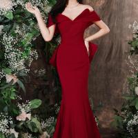 Polyester Waist-controlled & Mermaid Long Evening Dress & off shoulder patchwork Solid wine red PC