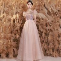 Polyester Waist-controlled & High Waist Long Evening Dress large hem design patchwork Solid pink PC