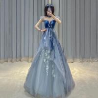 Polyester Waist-controlled & High Waist Long Evening Dress large hem design patchwork Solid blue PC
