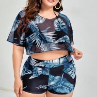 Polyester Plus Size Bikini & three piece & padded printed leaf pattern blue Set