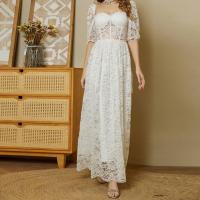 Lace & Polyester A-line One-piece Dress mid-long style & hollow patchwork floral white PC
