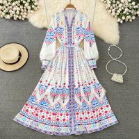 Polyester Slim & A-line & High Waist Autumn and Winter Dress printed mixed colors PC