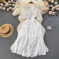Mixed Fabric Slim One-piece Dress & hollow embroidered white PC