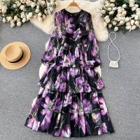 Mixed Fabric Slim & A-line Autumn and Winter Dress large hem design printed floral purple and black PC