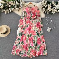 Mixed Fabric Slim Autumn and Winter Dress large hem design printed floral mixed colors PC