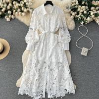 Polyester Waist-controlled One-piece Dress & hollow & breathable crochet white PC