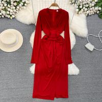 Mixed Fabric Waist-controlled One-piece Dress deep V & side slit stretchable Solid PC