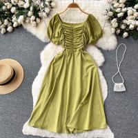 Mixed Fabric Waist-controlled & Soft One-piece Dress & breathable ruffles Solid : PC