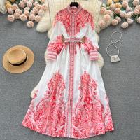 Mixed Fabric Waist-controlled One-piece Dress large hem design & slimming printed Solid PC