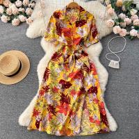 Mixed Fabric Soft One-piece Dress deep V & breathable printed : PC