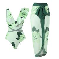 Spandex & Polyester scallop One-piece Swimsuit  & padded printed leaf pattern green PC