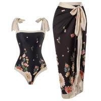 Polyester One-piece Swimsuit  & padded printed floral black PC