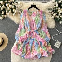 Polyester Waist-controlled One-piece Dress deep V & breathable printed PC