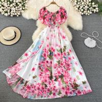 Polyester scallop One-piece Dress slimming patchwork floral PC