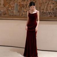Polyester Plus Size Long Evening Dress backless patchwork Solid wine red PC
