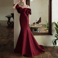 Regenerated Cellulose Fiber Mermaid Long Evening Dress & off shoulder patchwork Solid wine red PC