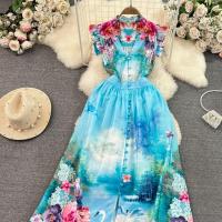 Mercerized Cotton Waist-controlled One-piece Dress large hem design & breathable printed blue PC