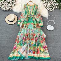 Acrylic front slit One-piece Dress slimming printed green PC