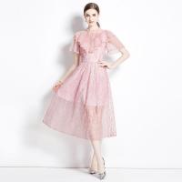 Polyester Waist-controlled One-piece Dress see through look & double layer pink PC