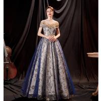 Sequin & Polyester Waist-controlled & floor-length Long Evening Dress large hem design blue PC