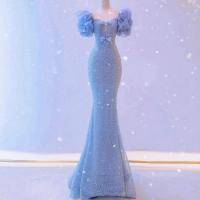 Polyester Waist-controlled & floor-length Long Evening Dress Solid blue PC