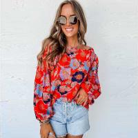 Polyester Women Long Sleeve Blouses & loose printed floral red PC