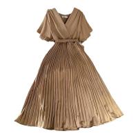 Acrylic Waist-controlled & Pleated One-piece Dress large hem design patchwork Solid : PC