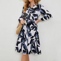 Polyester Waist-controlled One-piece Dress mid-long style printed leaf pattern blue PC