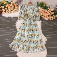 Mixed Fabric Waist-controlled One-piece Dress large hem design & breathable printed shivering : PC