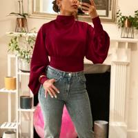 Polyester Slim Women Long Sleeve Blouses backless Solid wine red PC