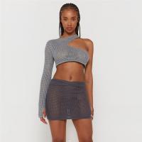 Polyester Slim & High Waist Two-Piece Dress Set midriff-baring & backless & two piece & off shoulder & One Shoulder patchwork Others gray Set