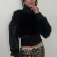 Rabbit Fur & Polyester Slim Women Coat & thermal patchwork Solid black PC