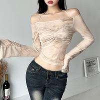 Polyester Slim Boat Neck Top backless patchwork Solid Apricot PC